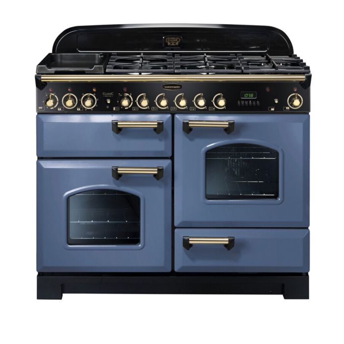 Rangemaster Classic Deluxe 110 Dual Fuel Range Cooker (Brass Details) - Stone Blue main product photo