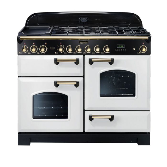 Rangemaster Classic Deluxe 110 Dual Fuel Range Cooker (Brass Details) - White main product photo