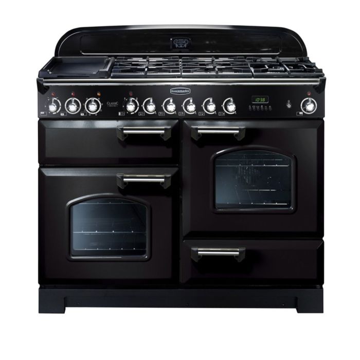 Rangemaster Classic Deluxe 110 Dual Fuel Range Cooker (Chrome Details) - Black main product photo