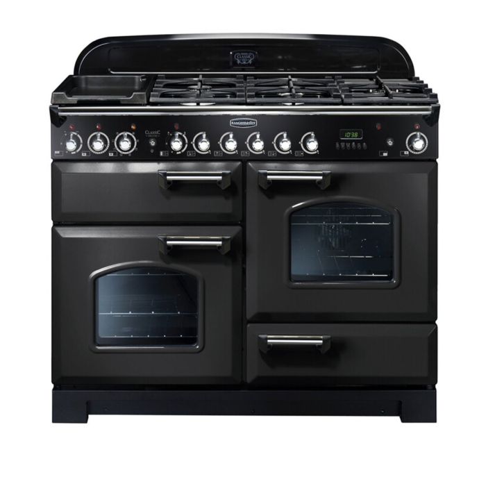 Rangemaster Classic Deluxe 110 Dual Fuel Range Cooker (Chrome Details) - Charcoal Black main product photo