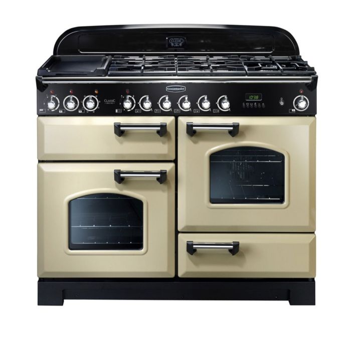 Rangemaster Classic Deluxe 110 Dual Fuel Range Cooker (Chrome Details) - Cream main product photo