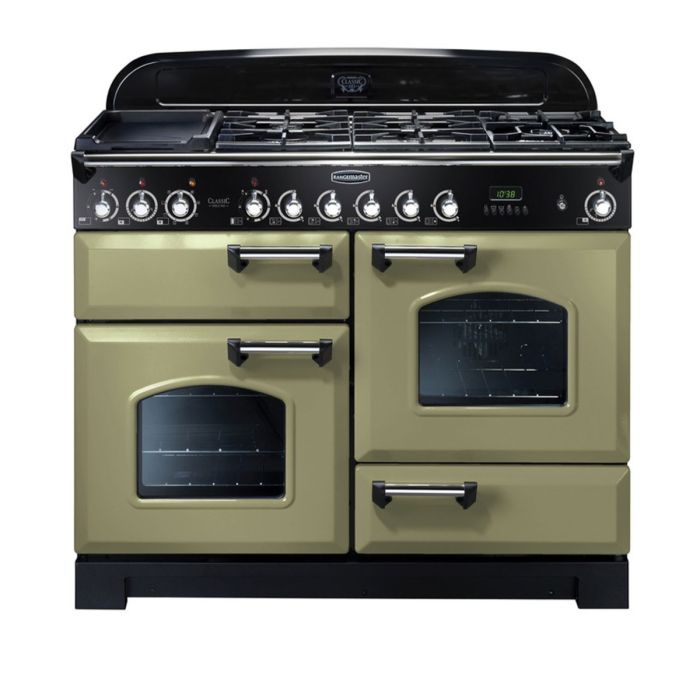 Rangemaster Classic Deluxe 110 Dual Fuel Range Cooker (Chrome Details) - Olive Green main product photo