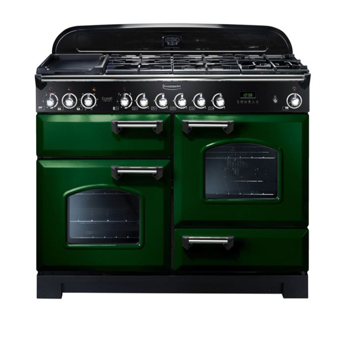 Rangemaster Classic Deluxe 110 Dual Fuel Range Cooker (Chrome Details) - Racing Green main product photo