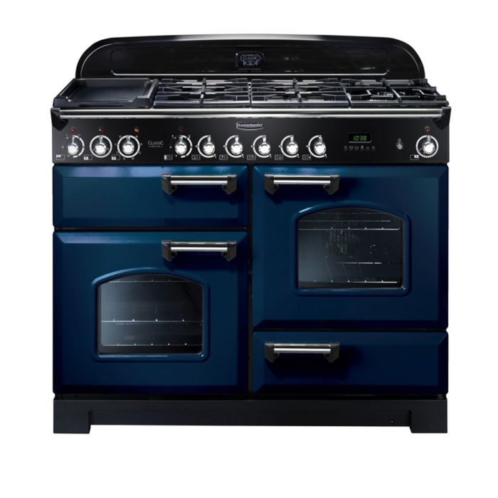 Rangemaster Classic Deluxe 110 Dual Fuel Range Cooker (Chrome Details) - Regal Blue main product photo