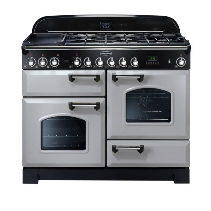 Rangemaster Classic Deluxe 110 Dual Fuel Range Cooker (Chrome Details) - Royal Pearl main product photo