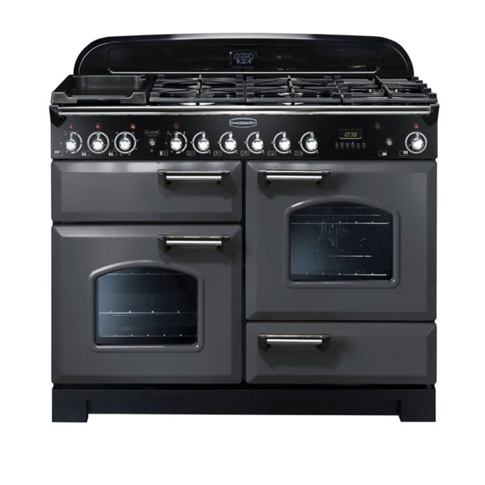 Rangemaster Classic Deluxe 110 Dual Fuel Range Cooker (Chrome Details) - Slate main product photo