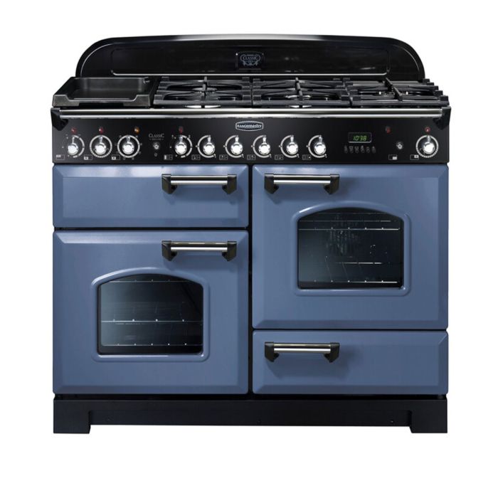 Rangemaster Classic Deluxe 110 Dual Fuel Range Cooker (Chrome Details) - Stone Blue main product photo
