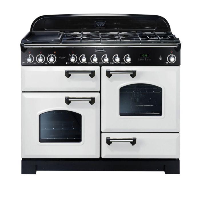 Rangemaster Classic Deluxe 110 Dual Fuel Range Cooker (Chrome Details) - White main product photo