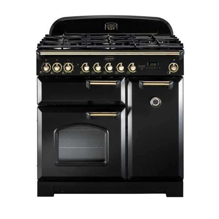 Rangemaster Classic Deluxe 90 Dual Fuel Range Cooker (Brass Details) - Black main product photo