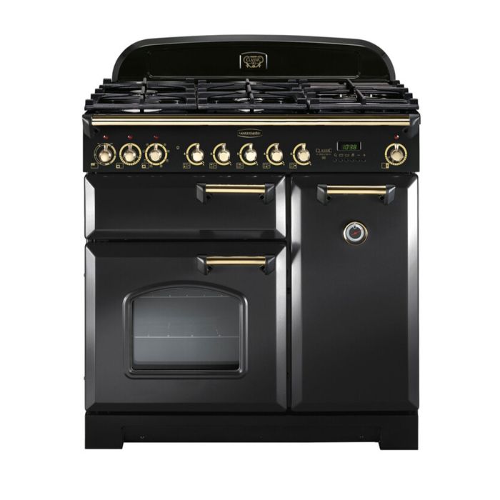 Rangemaster Classic Deluxe 90 Dual Fuel Range Cooker (Brass Details) - Charcoal Black main product photo