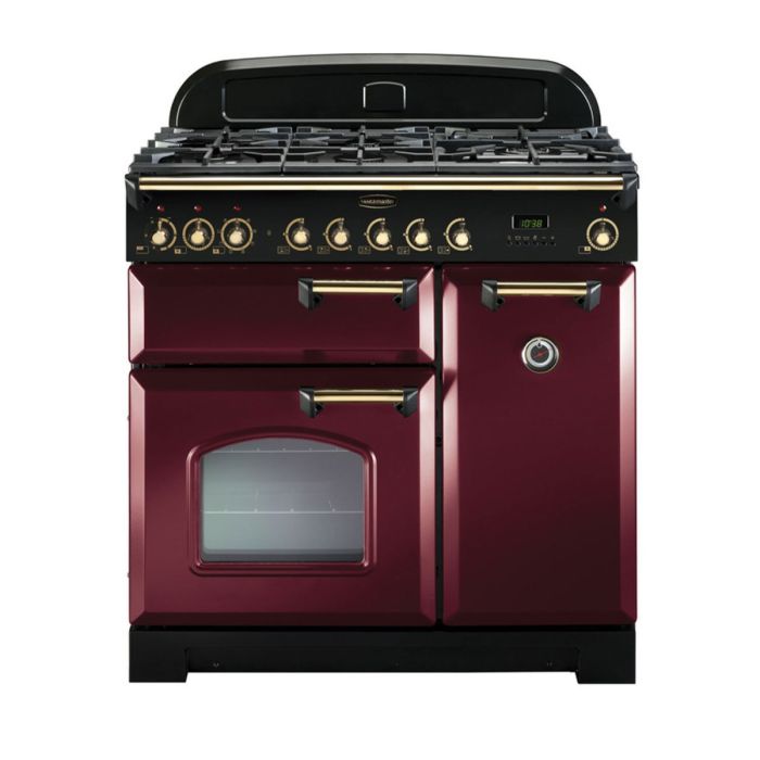 Rangemaster Classic Deluxe 90 Dual Fuel Range Cooker (Brass Details) - Cranberry main product photo
