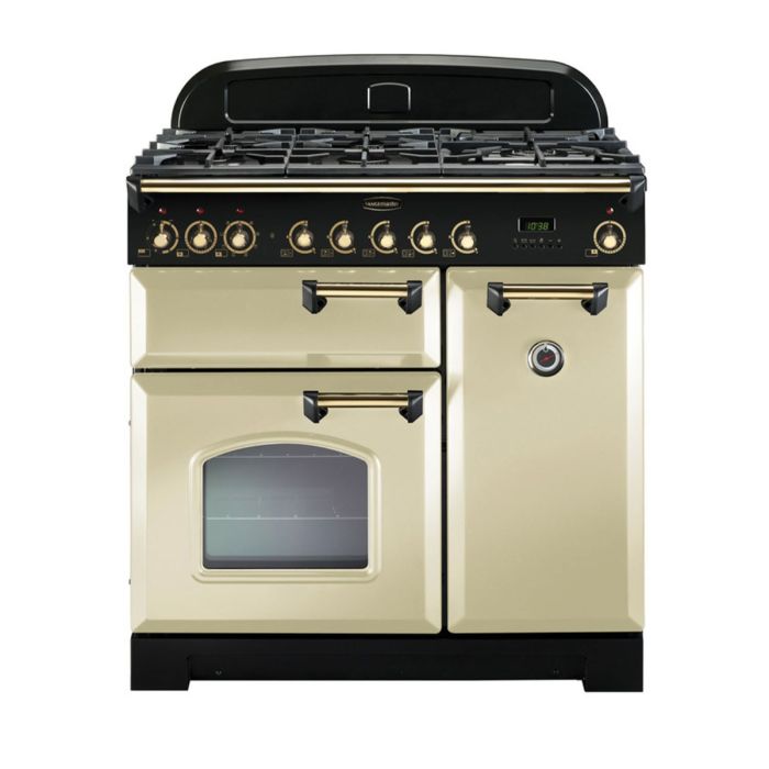 Rangemaster Classic Deluxe 90 Dual Fuel Range Cooker (Brass Details) - Cream main product photo