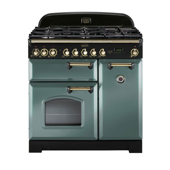 Rangemaster Classic Deluxe 90 Dual Fuel Range Cooker (Brass Details) - Mineral Green main product photo