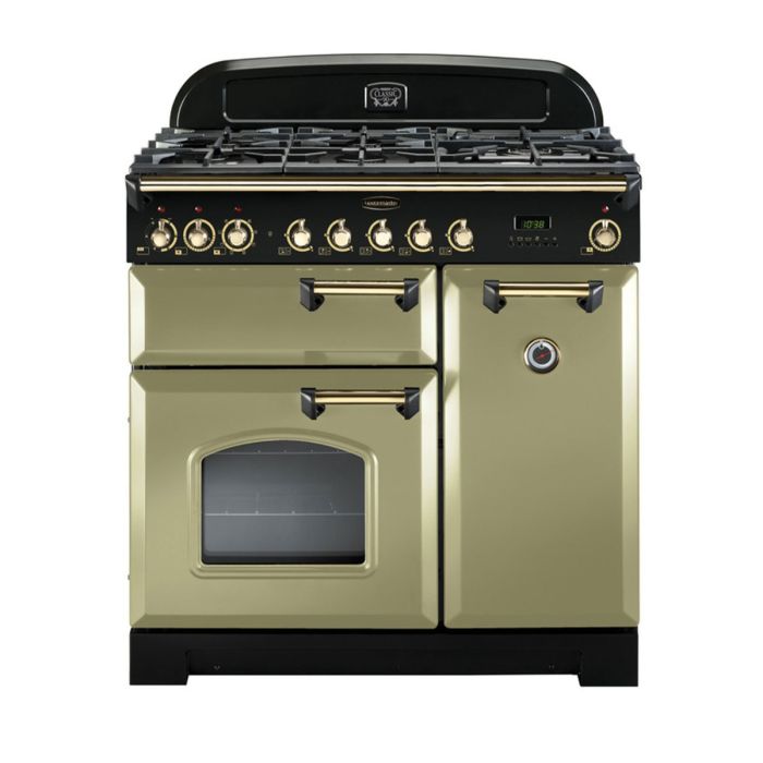Rangemaster Classic Deluxe 90 Dual Fuel Range Cooker (Brass Details) - Olive Green main product photo