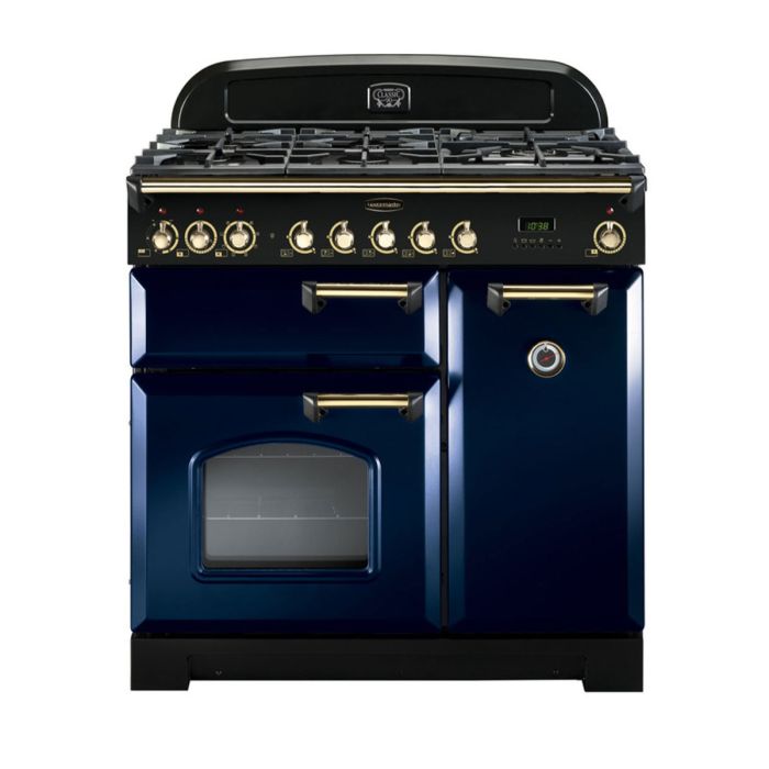 Rangemaster Classic Deluxe 90 Dual Fuel Range Cooker (Brass Details) - Regal Blue main product photo