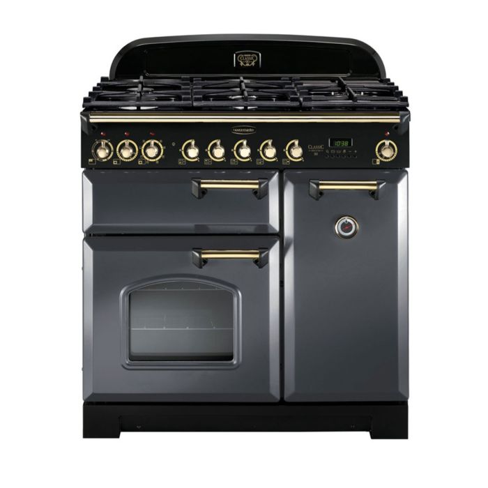 Rangemaster Classic Deluxe 90 Dual Fuel Range Cooker (Brass Details) - Slate main product photo