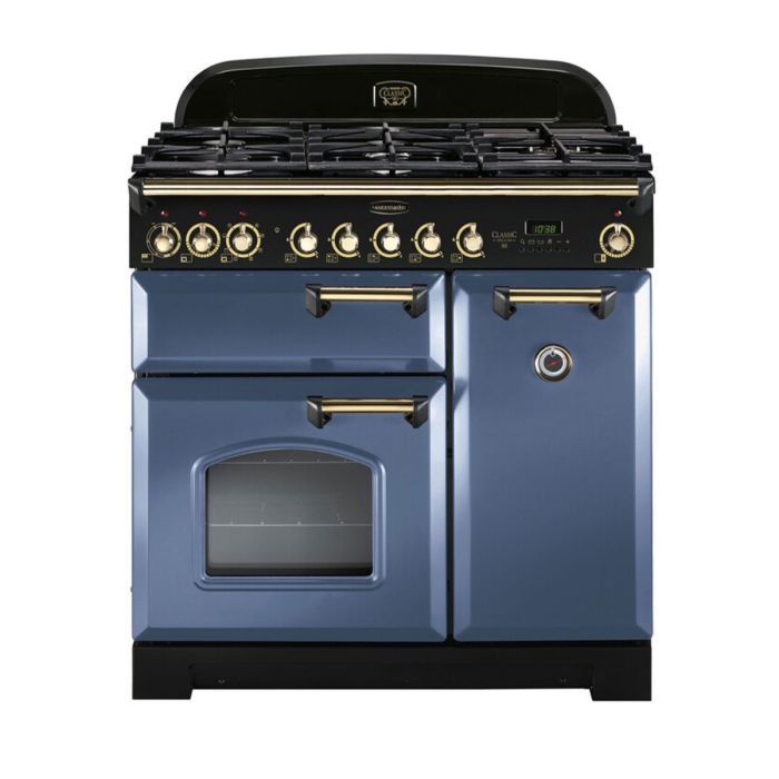 Rangemaster Classic Deluxe 90 Dual Fuel Range Cooker (Brass Details) - Stone Blue main product photo