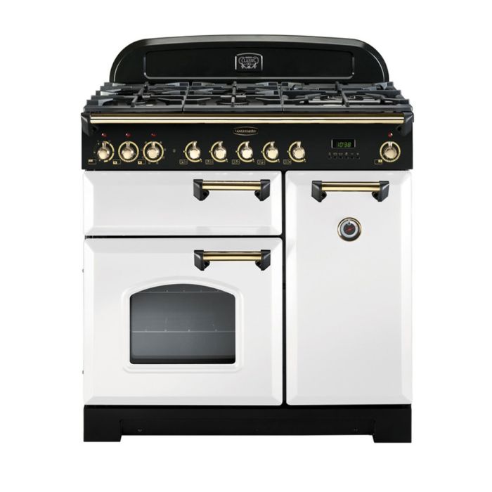 Rangemaster Classic Deluxe 90 Dual Fuel Range Cooker (Brass Details) - White main product photo