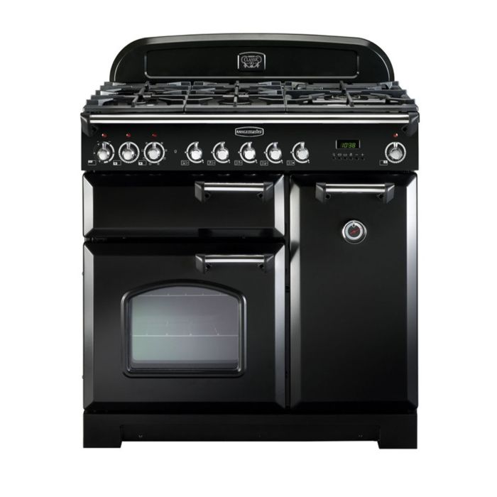 Rangemaster Classic Deluxe 90 Dual Fuel Range Cooker (Chrome Details) - Black main product photo