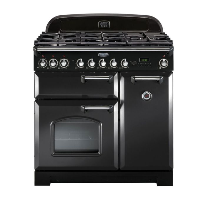 Rangemaster Classic Deluxe 90 Dual Fuel Range Cooker (Chrome Details) - Charcoal Black main product photo