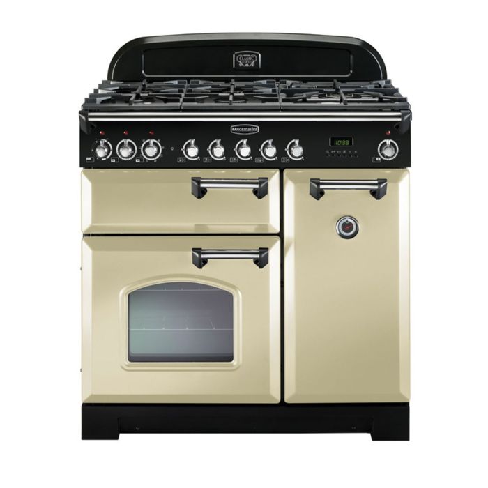 Rangemaster Classic Deluxe 90 Dual Fuel Range Cooker (Chrome Details) - Cream main product photo