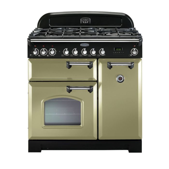 Rangemaster Classic Deluxe 90 Dual Fuel Range Cooker (Chrome Details) - Olive Green main product photo