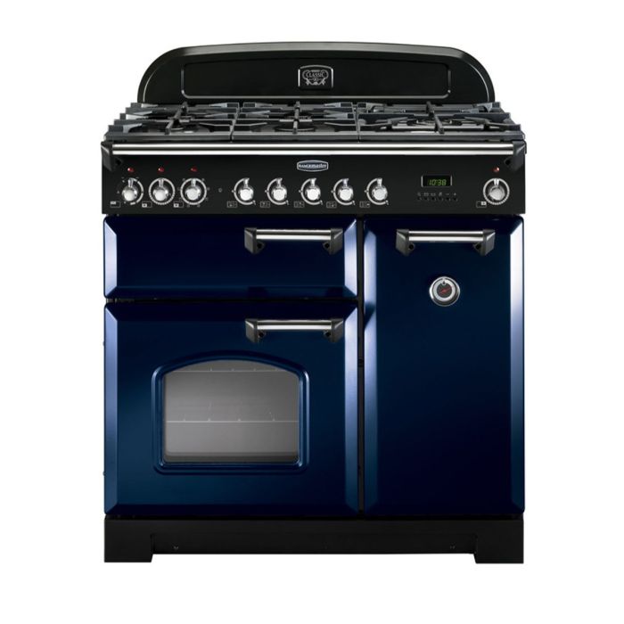 Rangemaster Classic Deluxe 90 Dual Fuel Range Cooker (Chrome Details) - Regal Blue main product photo