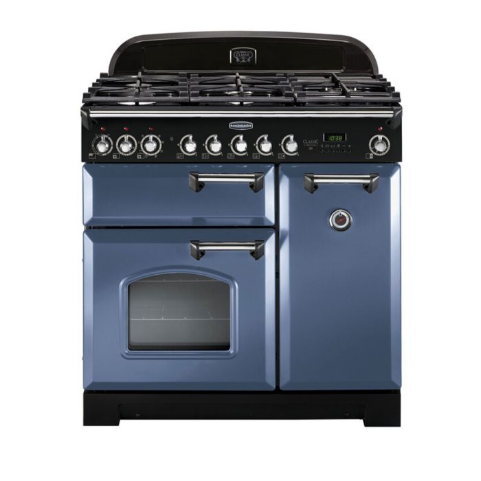 Rangemaster Classic Deluxe 90 Dual Fuel Range Cooker (Chrome Details) - Stone Blue main product photo