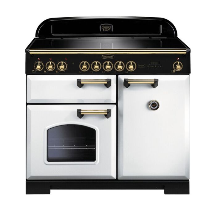 Rangemaster Classic Deluxe 100 Induction Range Cooker (Brass Details) - White main product photo