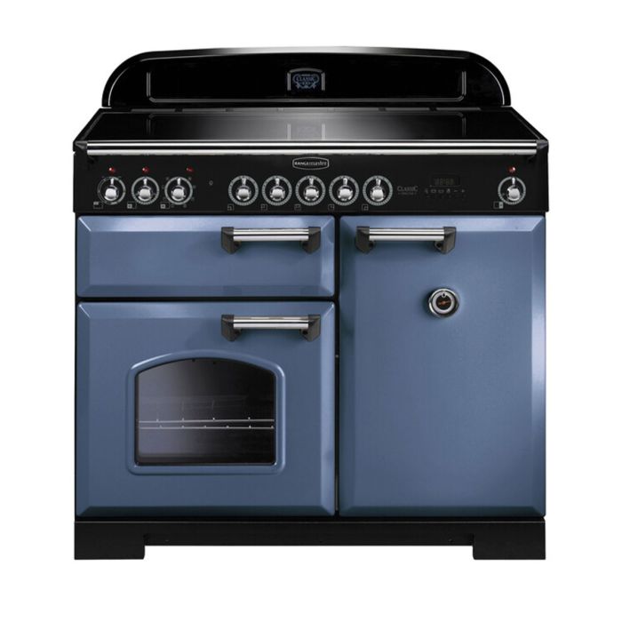 Rangemaster Classic Deluxe 100 Induction Range Cooker (Chrome Details) - Stone Blue main product photo