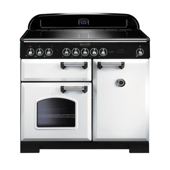 Rangemaster Classic Deluxe 100 Induction Range Cooker (Chrome Details) - White main product photo