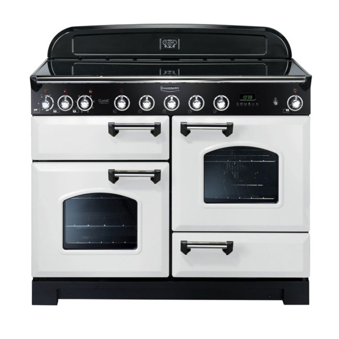 Rangemaster Classic Deluxe 110 Induction Range Cooker (Chrome Details) - White main product photo