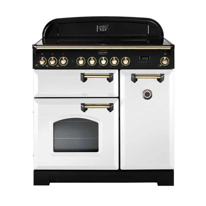 Rangemaster Classic Deluxe 90 Induction Range Cooker (Brass Details) - White main product photo