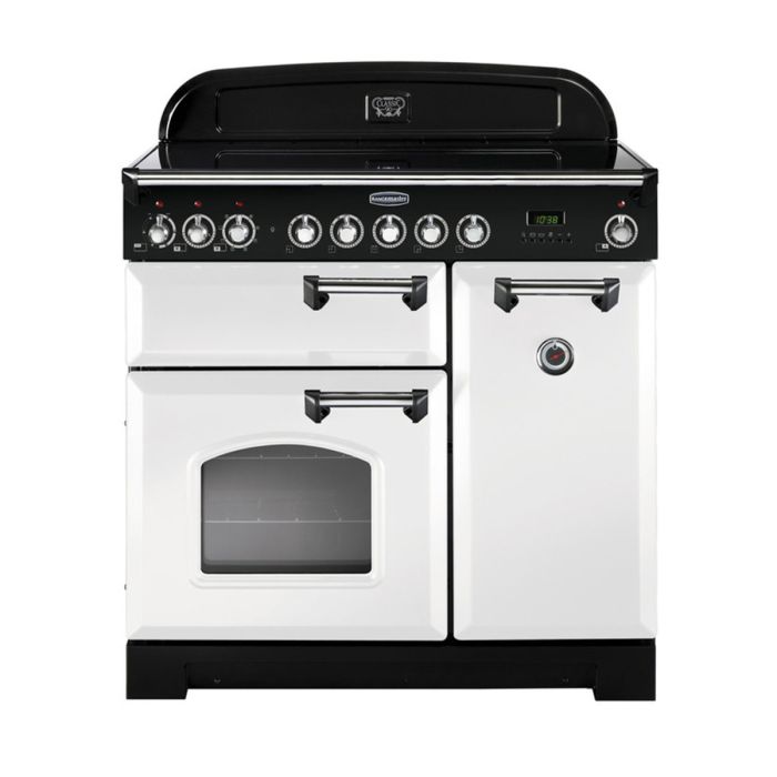 Rangemaster Classic Deluxe 90 Induction Range Cooker (Chrome Details) - White main product photo