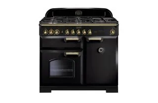 Rangemaster Classic Deluxe 100 Dual Fuel Range Cooker (Brass Details) - Black