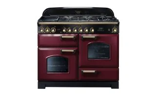 Rangemaster Classic Deluxe 110 Dual Fuel Range Cooker (Brass Details) - Cranberry