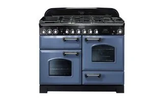 Rangemaster Classic Deluxe 110 Dual Fuel Range Cooker (Chrome Details) - Stone Blue