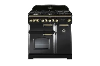 Rangemaster Classic Deluxe 90 Dual Fuel Range Cooker (Brass Details) - Charcoal Black