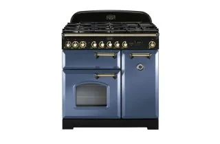 Rangemaster Classic Deluxe 90 Dual Fuel Range Cooker (Brass Details) - Stone Blue
