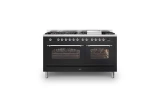 ILVE Milano 150m Double Oven Range Cooker with 7 Gas Burners & Frytop (Chrome Trim) - Glossy Black (Ilve)