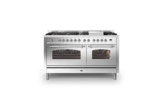 ILVE Milano 150m Double Oven Range Cooker with 7 Gas Burners & Frytop (Chrome Trim) - Stainless Steel