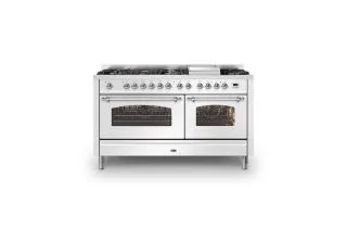 ILVE Milano 150m Double Oven Range Cooker with 7 Gas Burners & Frytop (Chrome Trim) - White