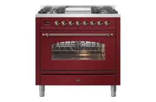 ILVE Milano 90cm Single Oven Range Cooker with 4 Gas Burners & Frytop - Burgundy Red