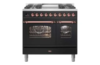 ILVE Milano 90cm Double Oven Range Cooker with 4 Gas Burners & Frytop - Gloss Black