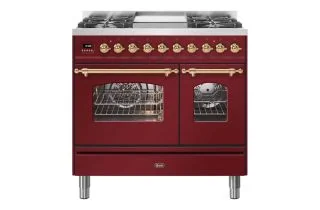 ILVE Milano 90cm Double Oven Range Cooker with 4 Gas Burners & Frytop - Burgundy Red