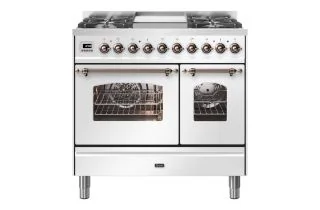 ILVE Milano 90cm Double Oven Range Cooker with 4 Gas Burners & Frytop - White