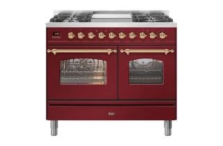 ILVE Milano 100cm Double Oven Range Cooker with 4 Gas Burners & Frytop - Burgundy Red