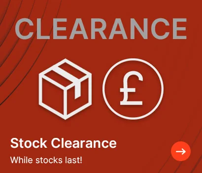 Clearance sale advertisement with a cardboard box and pound symbol icons on an orange wavy background. Text reads 'Stock Clearance. While stocks last!'