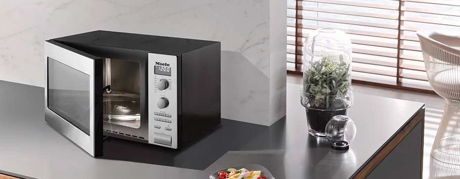 A modern microwave with an open door sits on a sleek kitchen countertop. Next to it is a small plant in a glass cloche. Sunlight filters through blinds.
