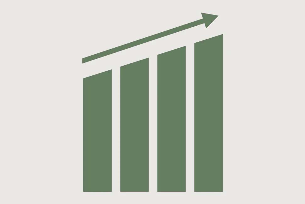 Green bar graph with four ascending columns and a diagonal arrow pointing upward, symbolizing growth or positive trend on a light background.